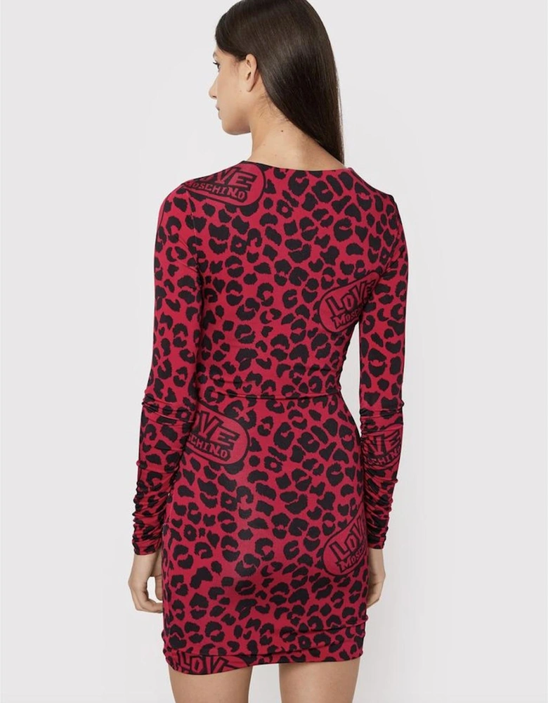 Leopard Print Mini Dress Long Sleeve Women - Red Dresses