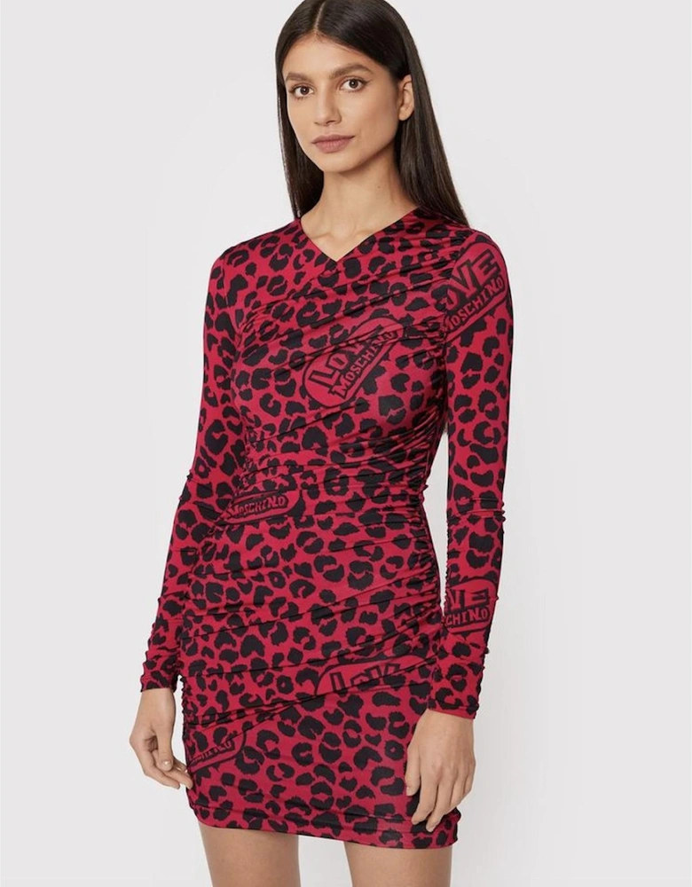 Leopard Print Mini Dress Long Sleeve Women - Red Dresses