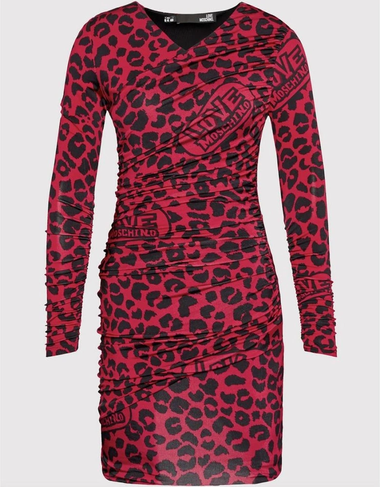 Leopard Print Mini Dress Long Sleeve Women - Red Dresses