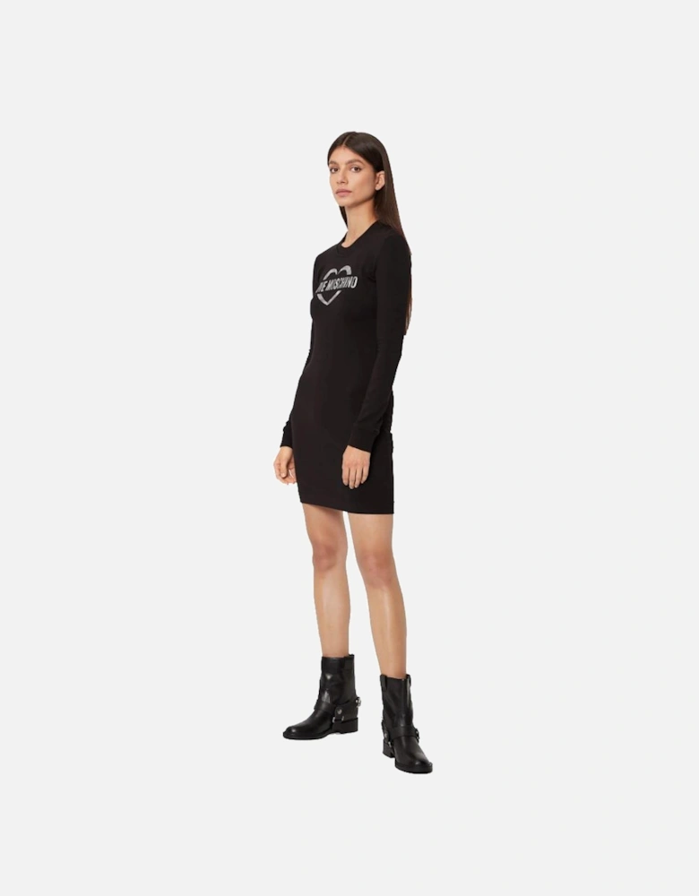 Heart Logo Mini Dress Long Sleeves Women - Black Dresses