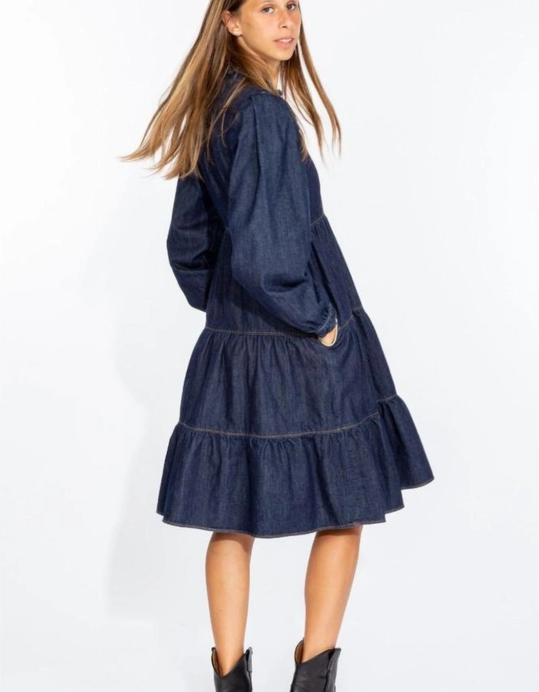 Tiered Midi Denim Dress LO10220 Women - Blue Dresses