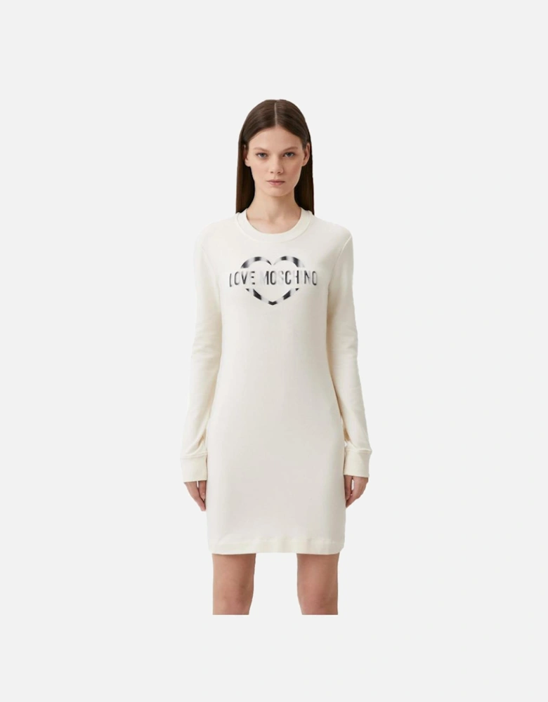 Heart Logo Mini Dress Casual Long Sleeve Dress Women - White Dresses