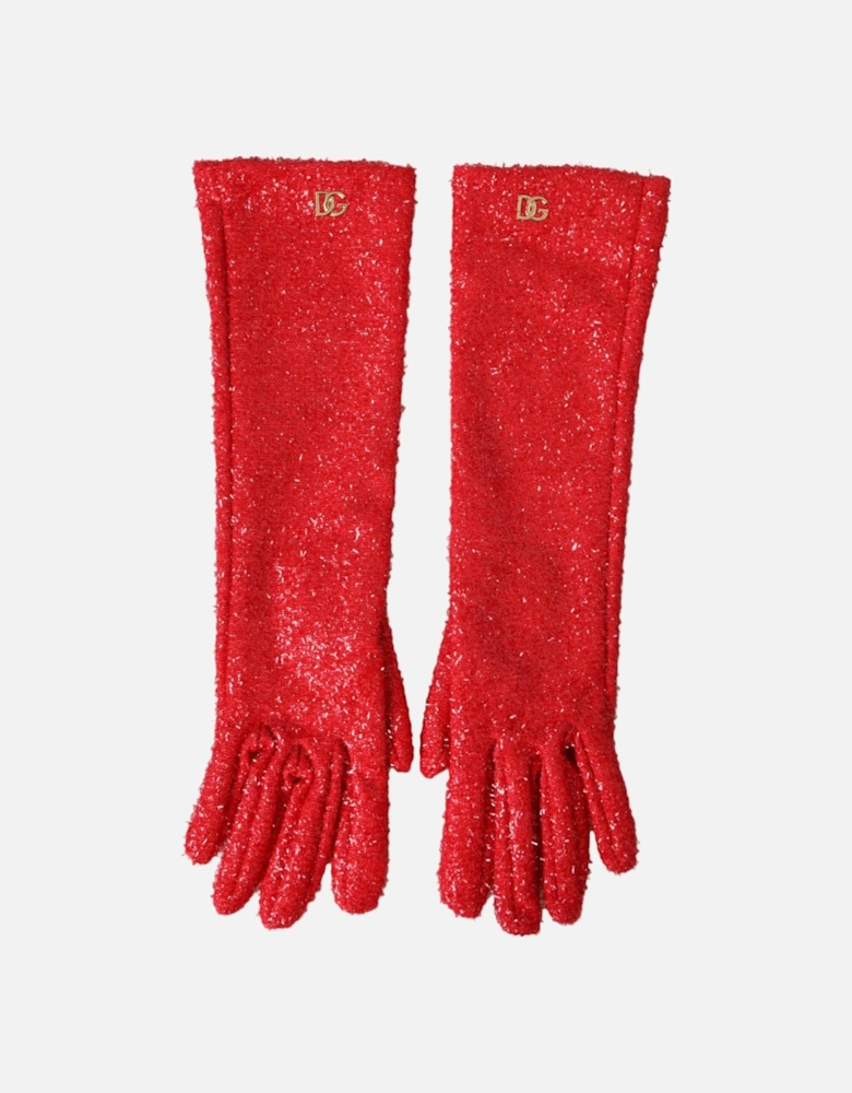 Mid Arm Length Lurex Gloves with Logo Details. Women - Red