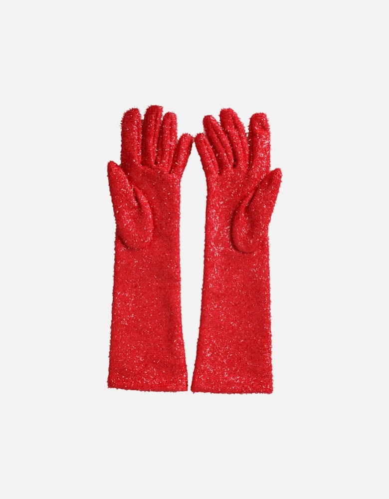 Mid Arm Length Lurex Gloves with Logo Details. Women - Red