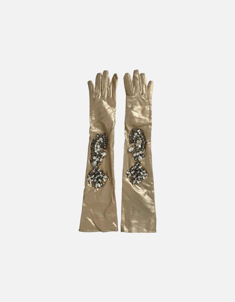 Embellished Elbow Length Satin Gloves Women - Beige