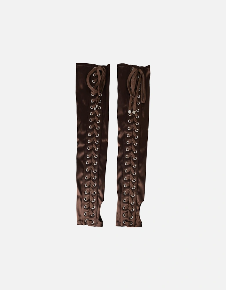 Elbow Length Lace Up Fingerless Gloves - 100% Authentic Women - Brown