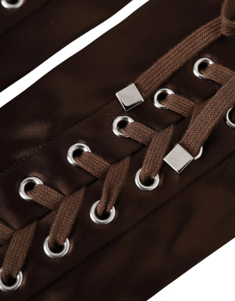 Elbow Length Lace Up Fingerless Gloves - 100% Authentic Women - Brown