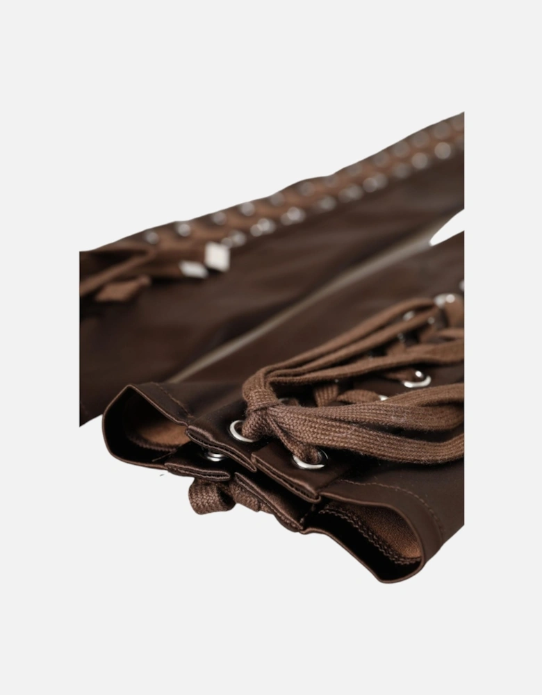 Elbow Length Lace Up Fingerless Gloves - 100% Authentic Women - Brown