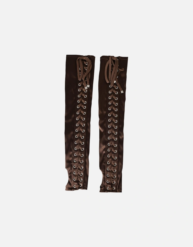 Elbow Length Lace Up Fingerless Gloves - 100% Authentic Women - Brown