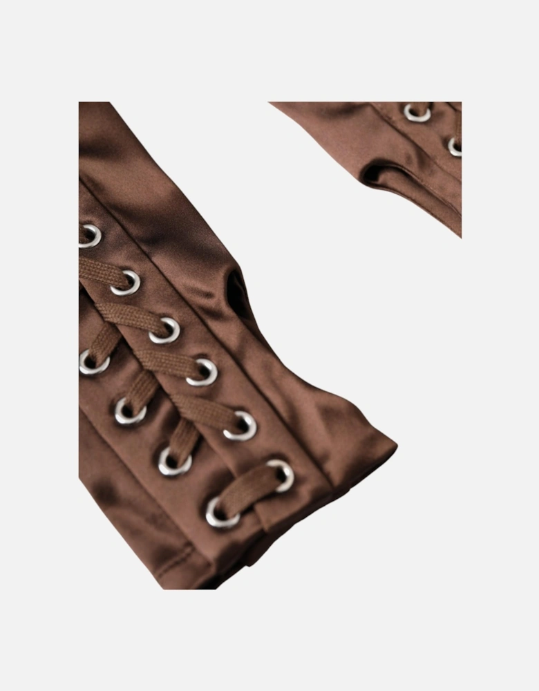 Elbow Length Lace Up Fingerless Gloves - 100% Authentic Women - Brown
