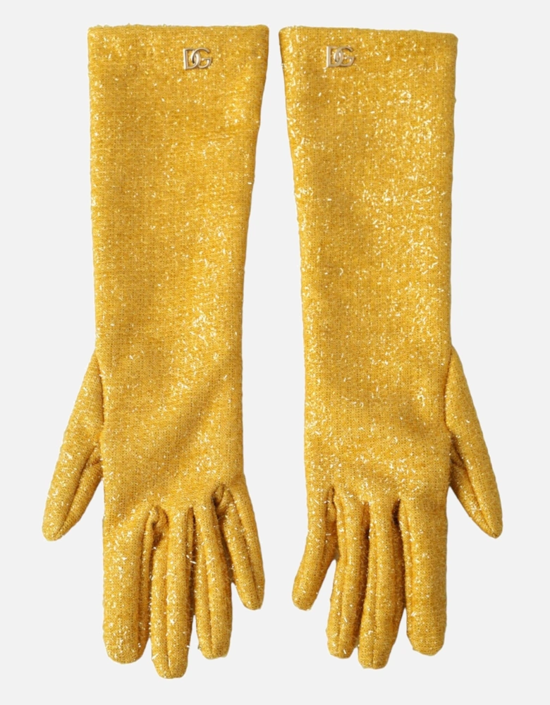 Mid Arm Length Lurex Gloves with Logo Details Women - Gold