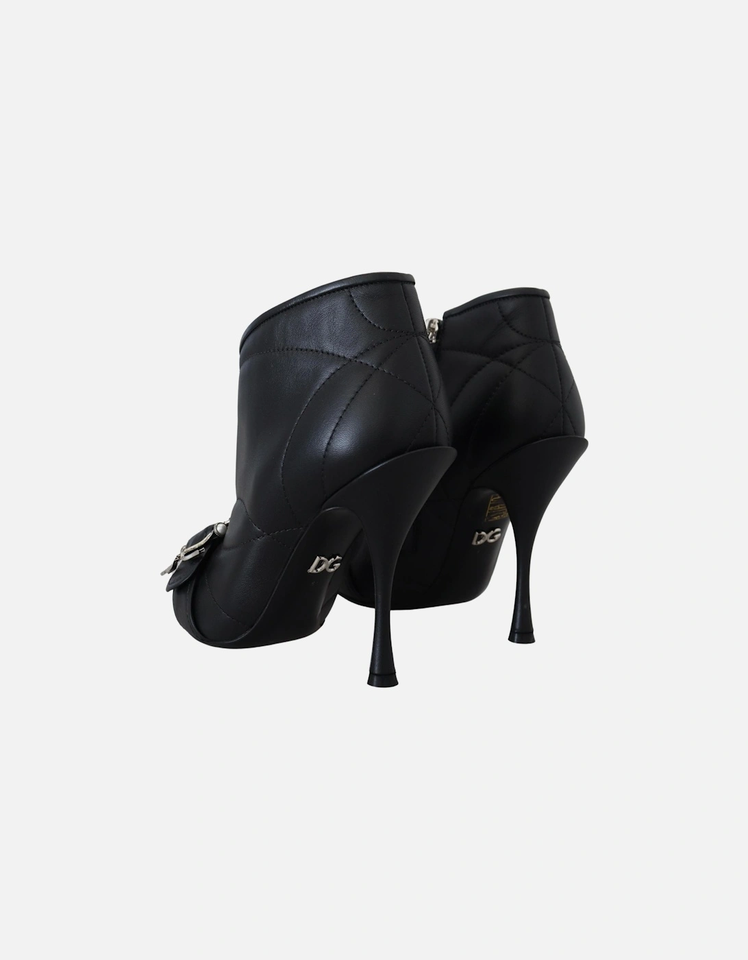 Quilted Leather Booties Black Buckle High Heel Women