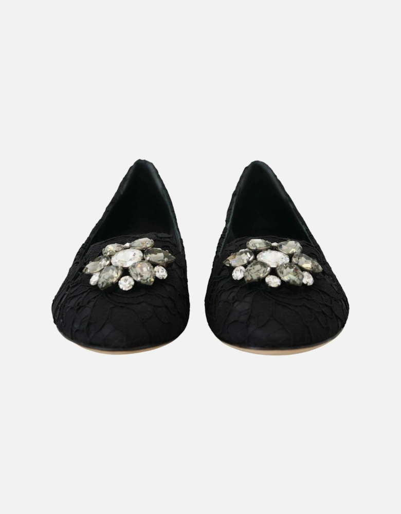 Lace Ballerinas Crystal Embellished Women - Black Flats