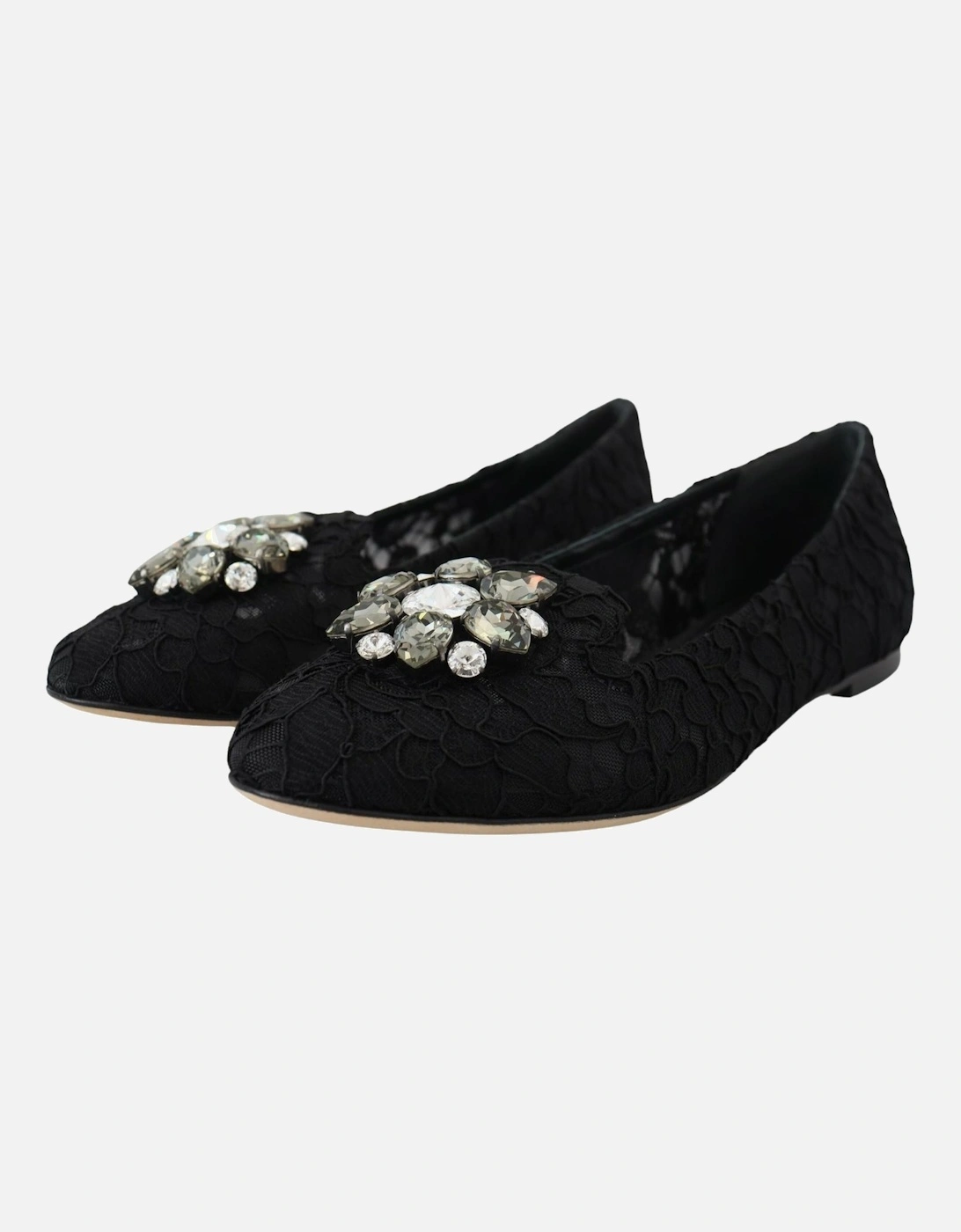 Lace Ballerinas Crystal Embellished Women - Black Flats