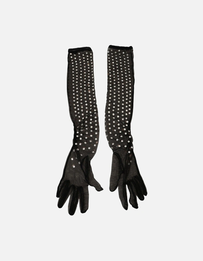 Mesh Gloves Crystal Detailing Women - Black