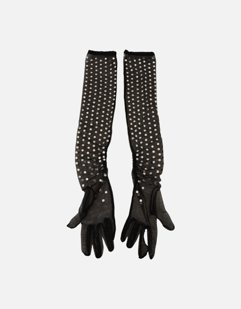 Mesh Gloves Crystal Detailing Women - Black