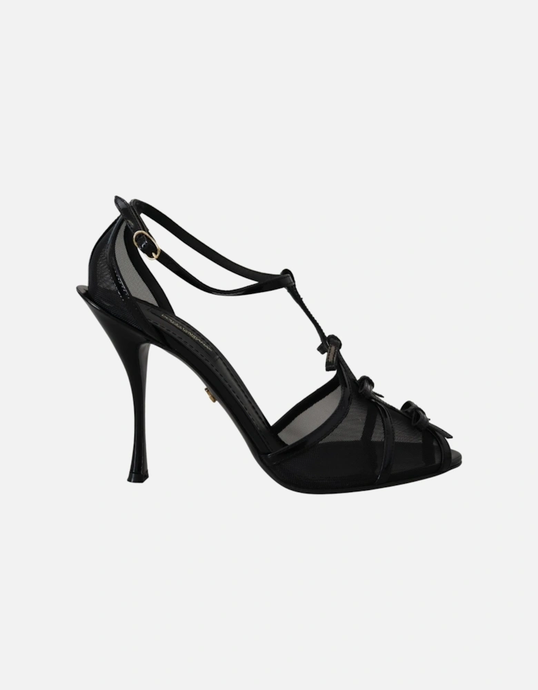 Mesh TStrap Heels Bow Detail Women - Black Sandals