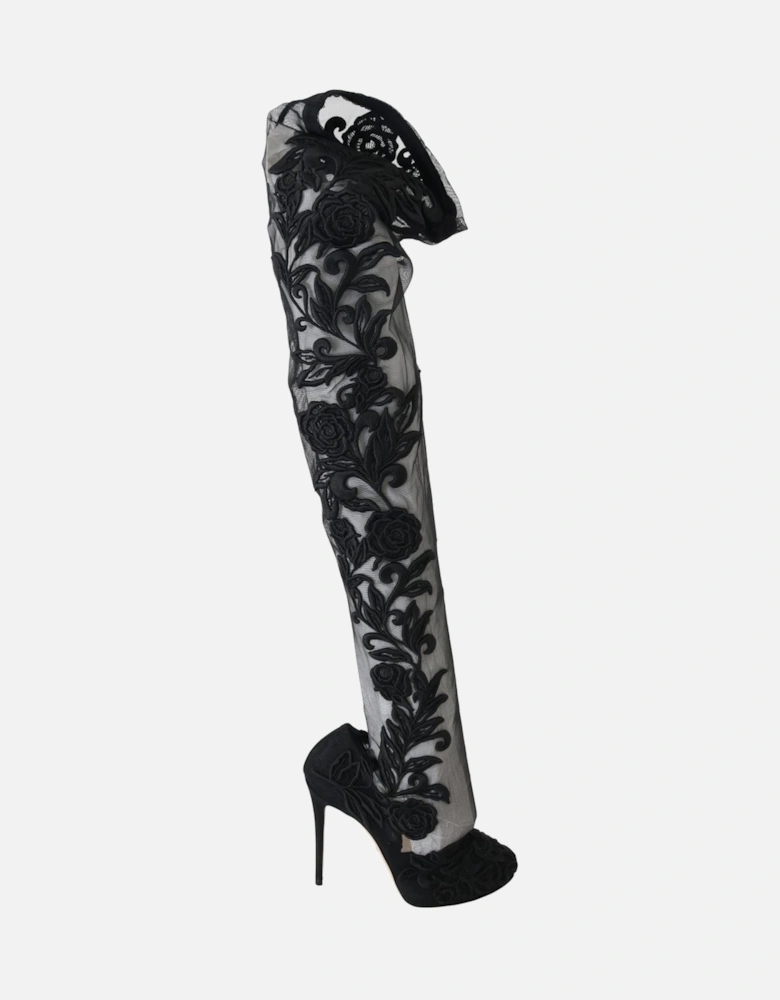 Floral Embroidered Over-Knee High Boots Women - Black