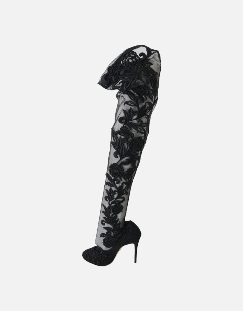 Floral Embroidered Over-Knee High Boots Women - Black