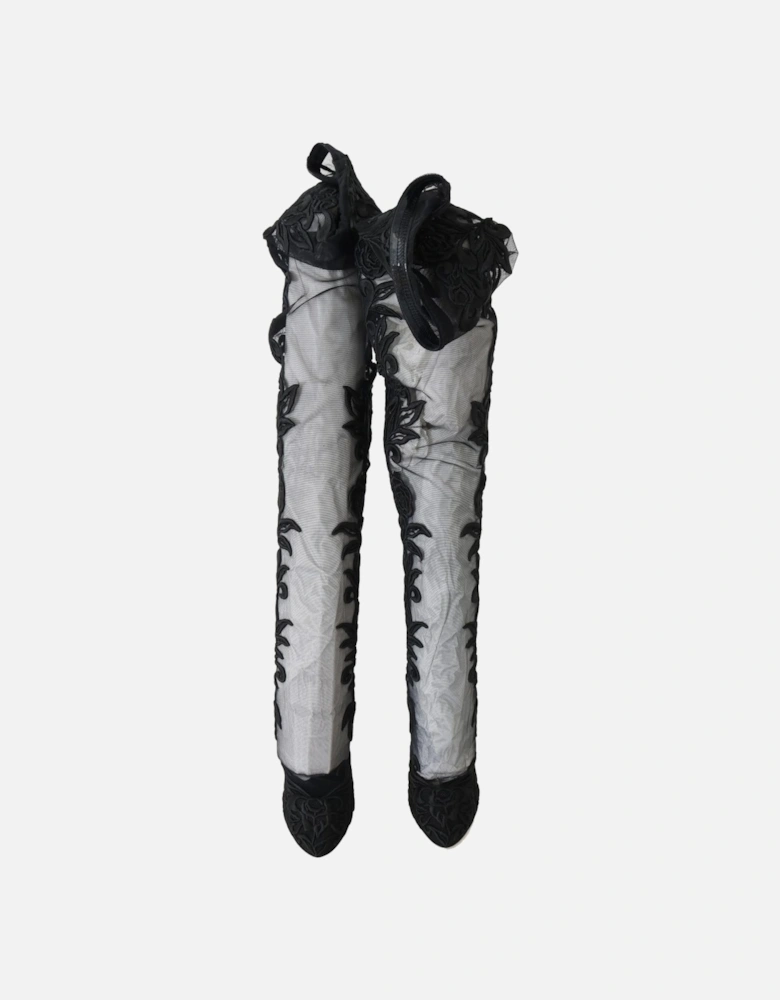 Floral Embroidered Over-Knee High Boots Women - Black