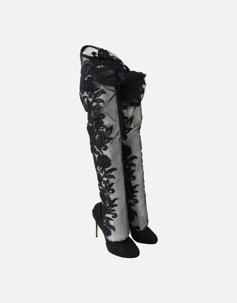 Floral Embroidered Over-Knee High Boots Women - Black