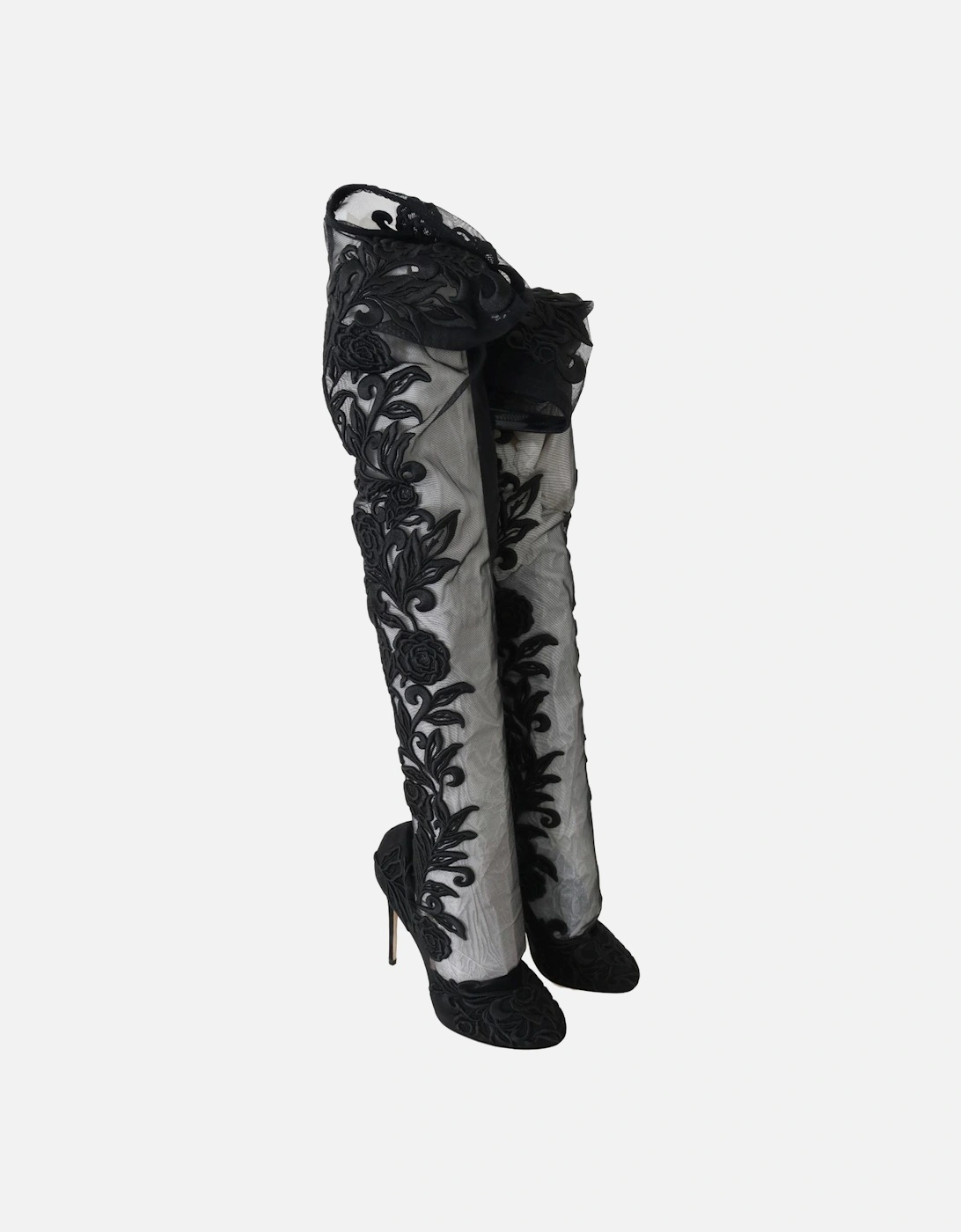 Floral Embroidered Over-Knee High Boots Women - Black