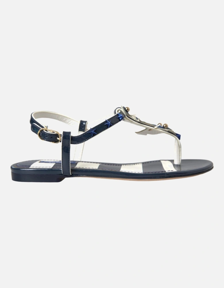 Studded Leather Flat Sandals with Buckle Closure Women - Blue And