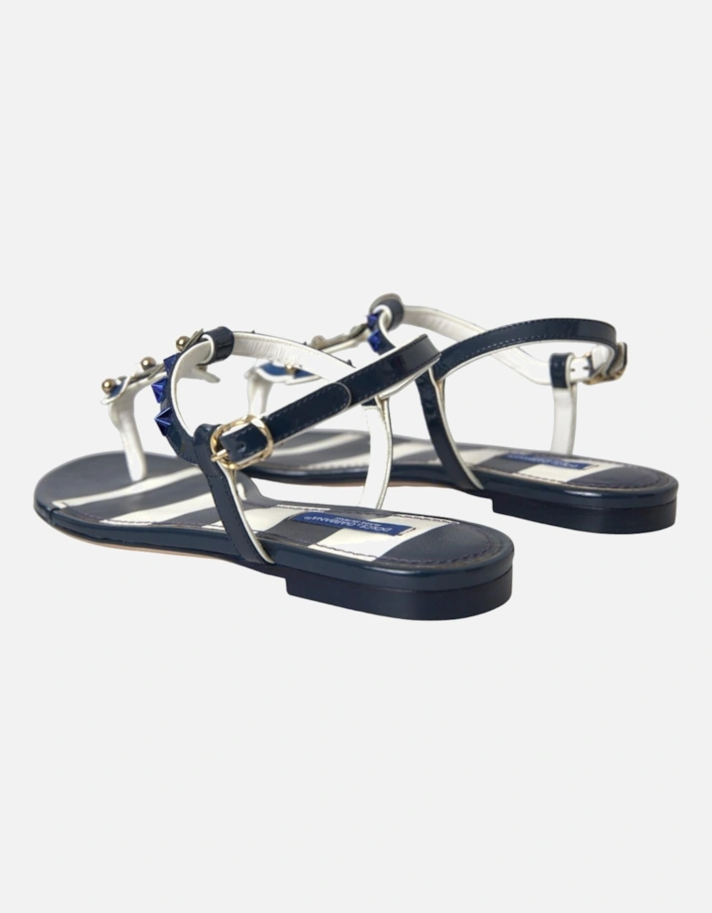 Studded Leather Flat Sandals with Buckle Closure Women - Blue And