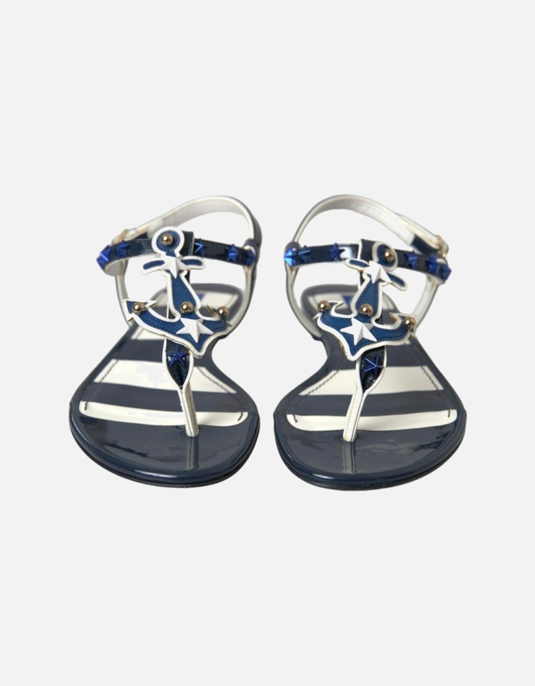 Studded Leather Flat Sandals with Buckle Closure Women - Blue And