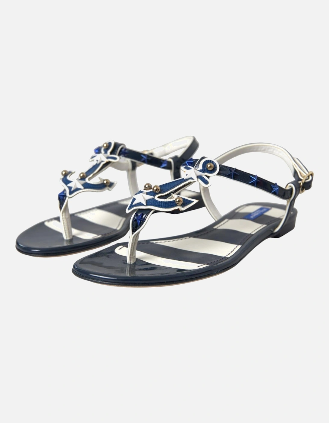 Studded Leather Flat Sandals with Buckle Closure Women - Blue And