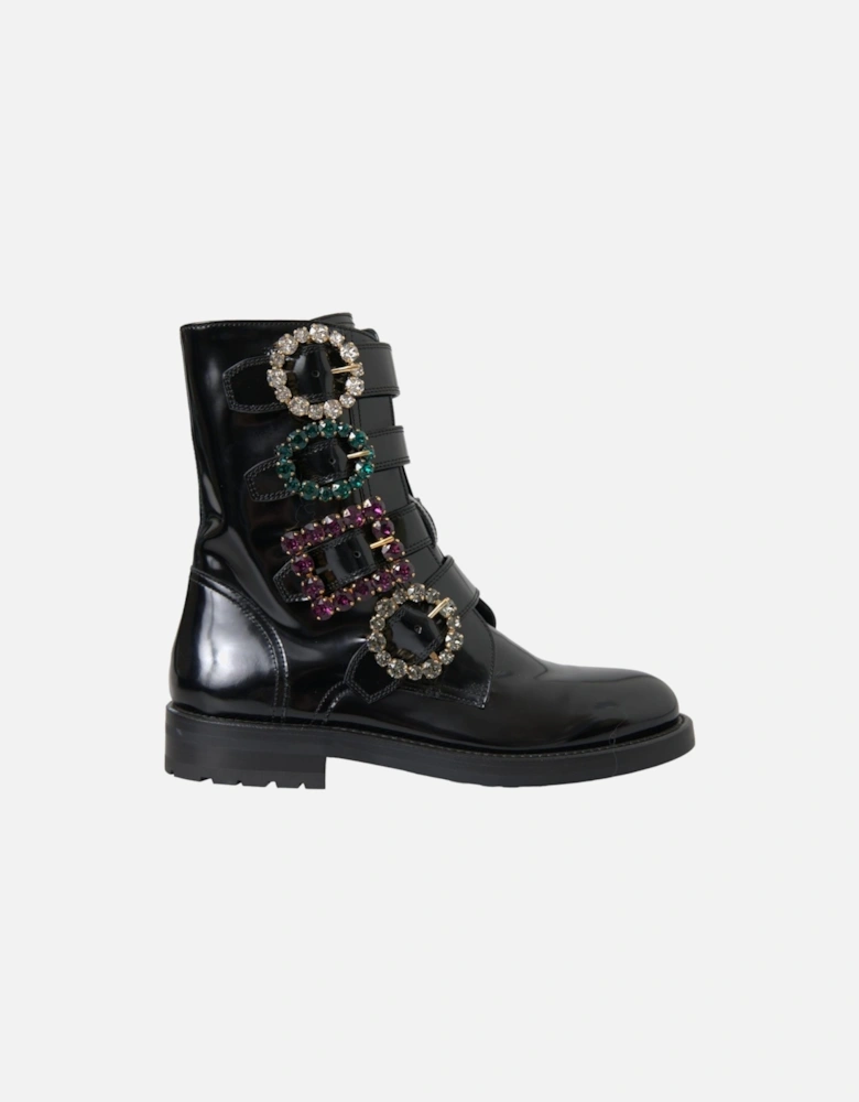 Embellished Mid Calf Boots in Polished Leather Women - Black