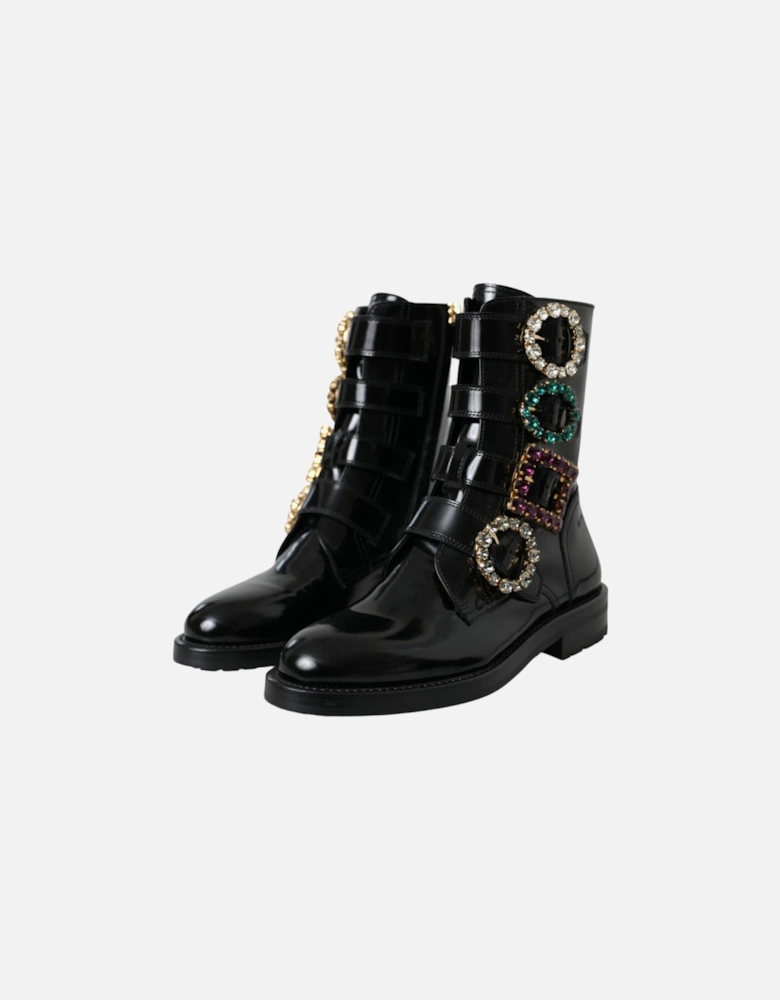 Embellished Mid Calf Boots in Polished Leather Women - Black