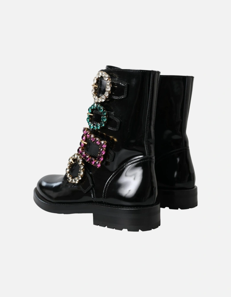 Embellished Mid Calf Boots in Polished Leather Women - Black