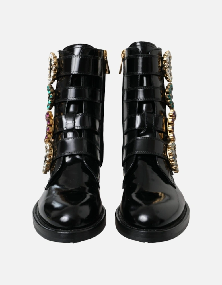 Embellished Mid Calf Boots in Polished Leather Women - Black