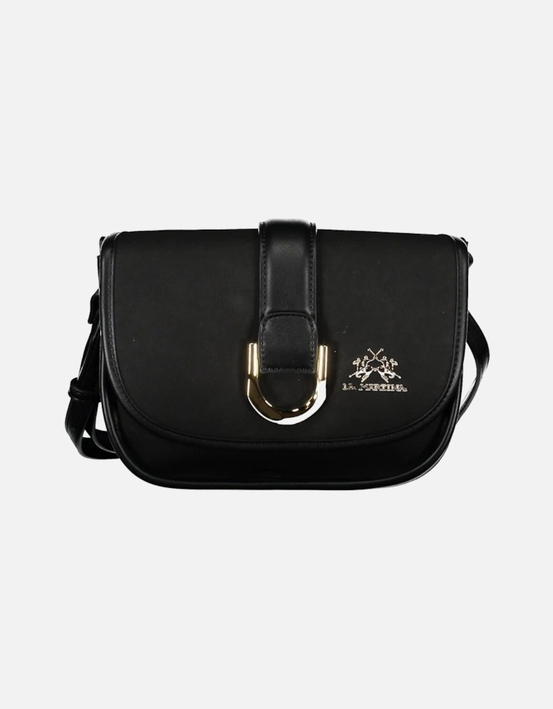 Sleek Black Shoulder Bag with Adjustable Strap and Contrasting Details