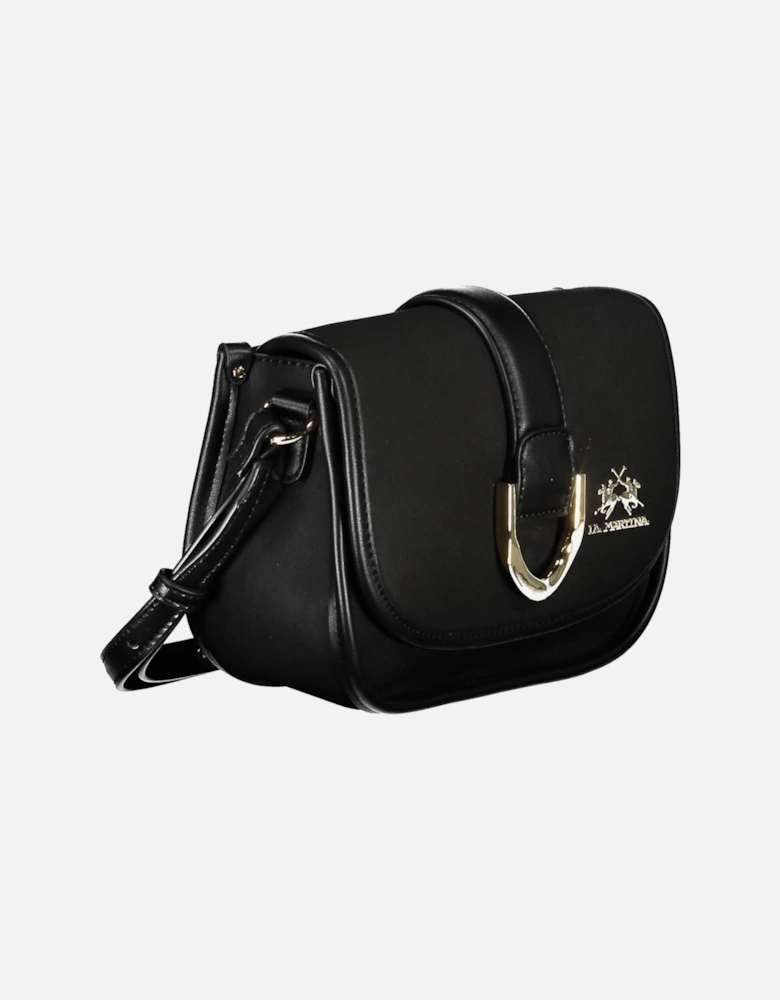 Sleek Black Shoulder Bag with Adjustable Strap and Contrasting Details