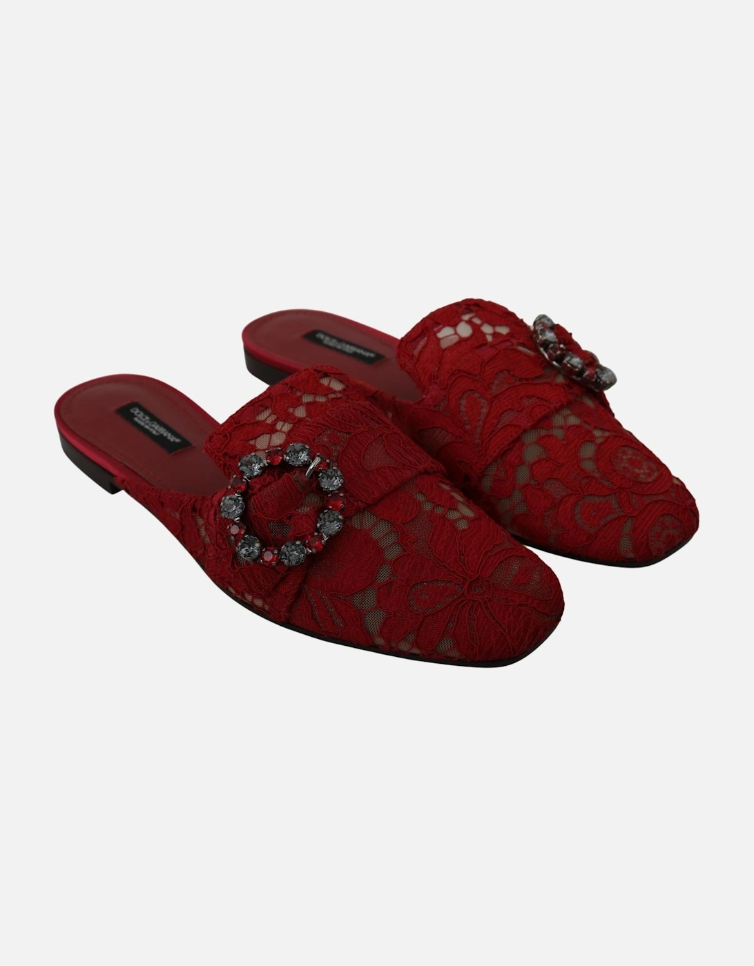 Lace Mules Red Jewel Embellished Women Flats