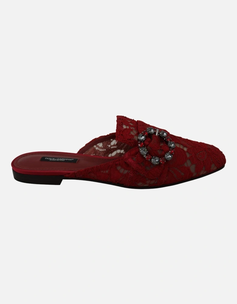 Lace Mules Red Jewel Embellished Women Flats