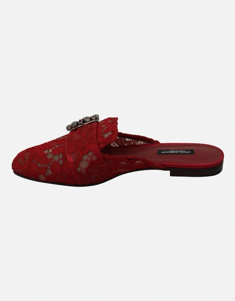 Lace Mules Red Jewel Embellished Women Flats