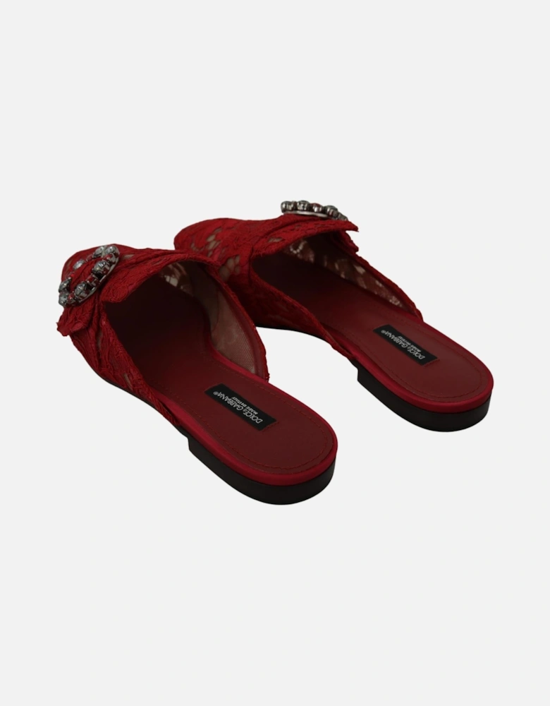 Lace Mules Red Jewel Embellished Women Flats