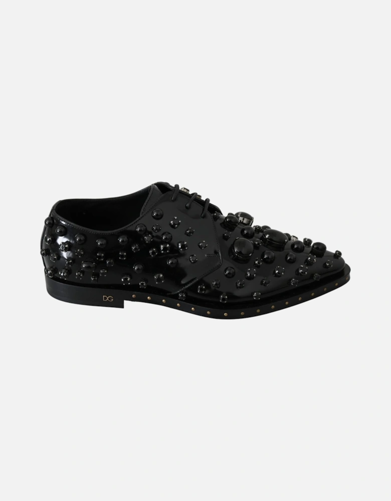 Embellished Patent Leather Loafers Black Crystal Women Flats