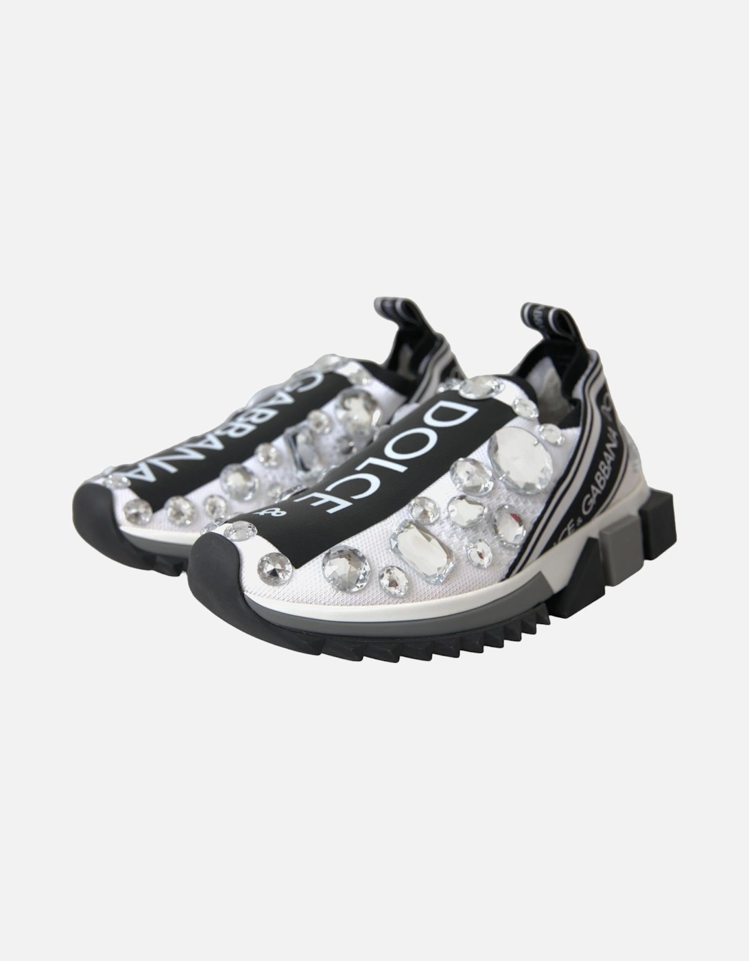 Rhinestone Applique Techno Fabric Sneakers Women - White