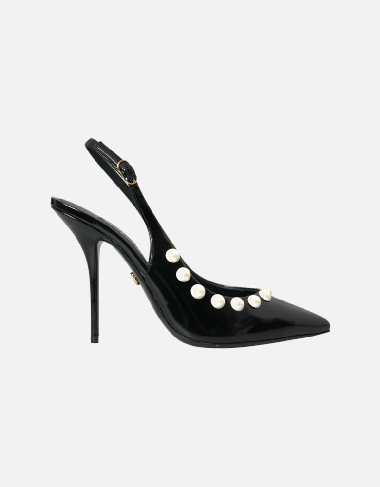 Leather Embellished Slingback Heels Women - Black Sandals