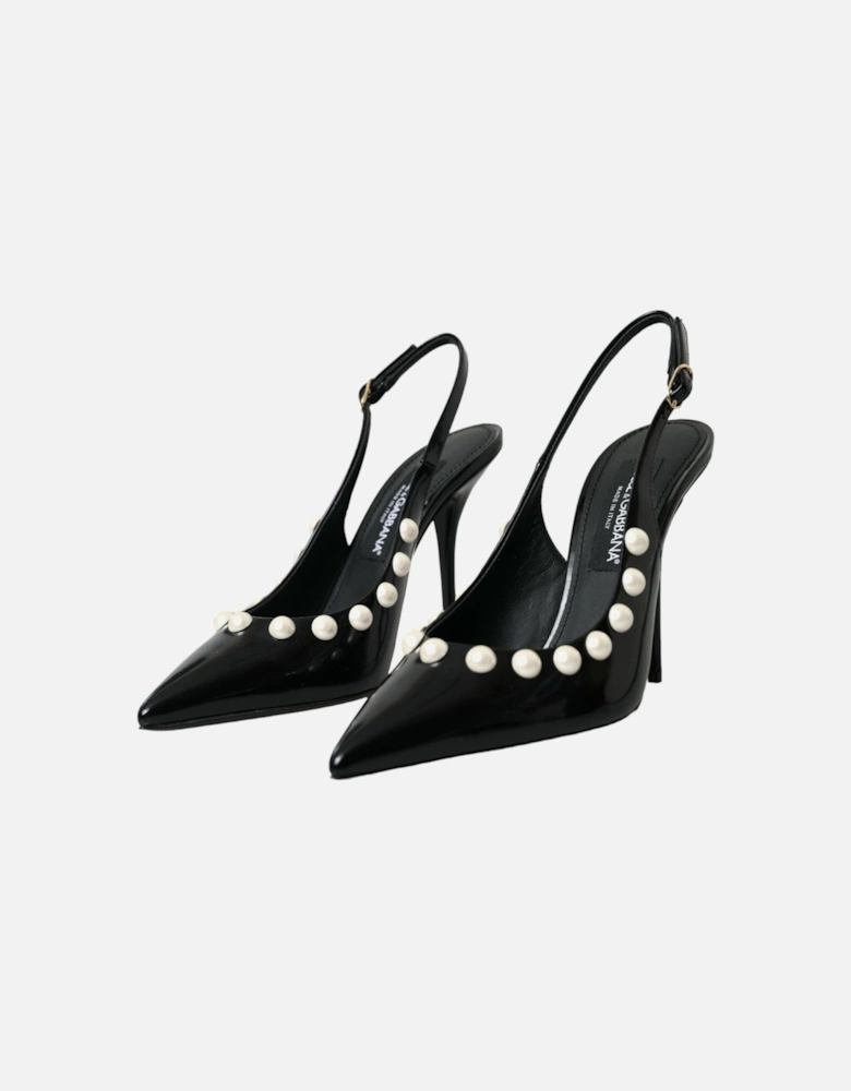 Leather Embellished Slingback Heels Women - Black Sandals