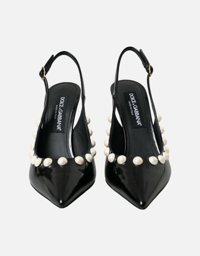 Leather Embellished Slingback Heels Women - Black Sandals