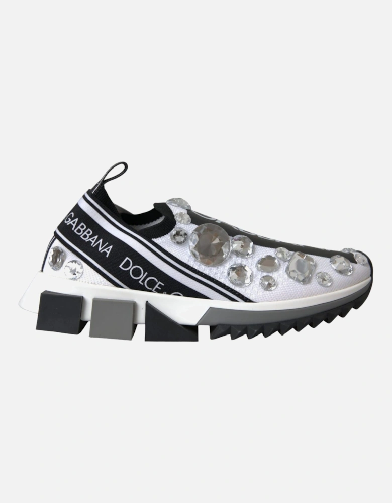 Rhinestone Applique Techno Fabric Sneakers Women - White