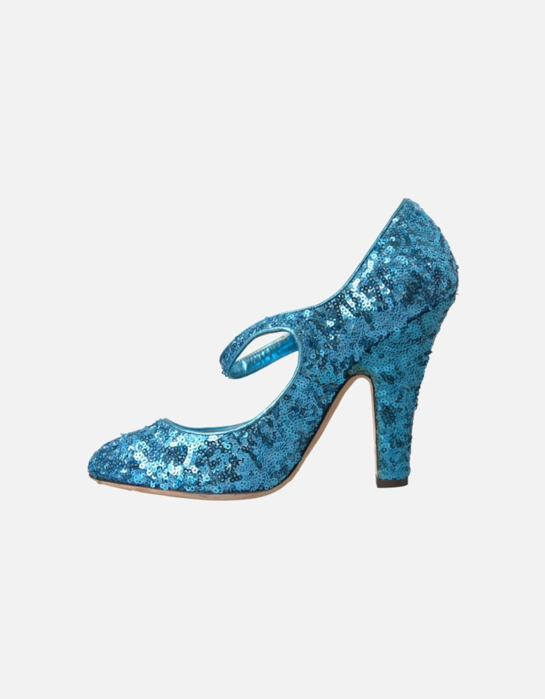 Blue Sequin Mary Jane Pumps by Italian Designer. Women