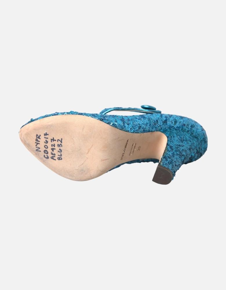 Blue Sequin Mary Jane Pumps by Italian Designer. Women