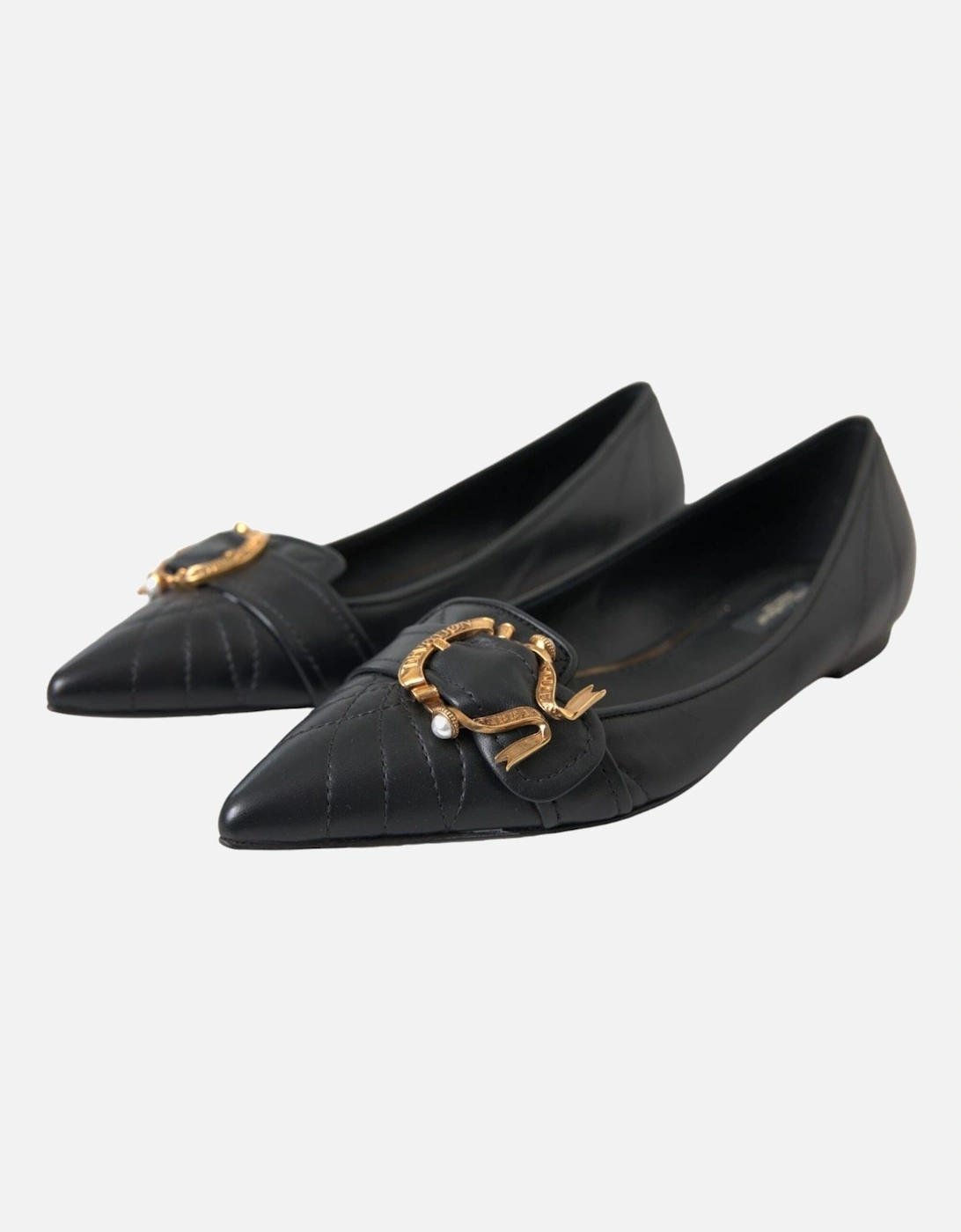 Matelasse Leather Flats with Brass Buckle Detail Women - Black