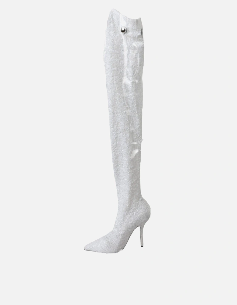 Sequin Knee High Boots Women - White